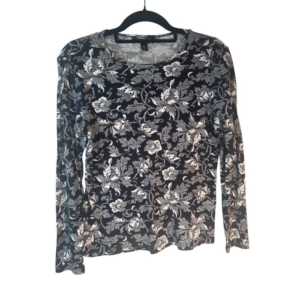 Lauren Ralph Lauren Medium Black & White Floral Long Sleeve Cotton Top - Picture 7 of 11
